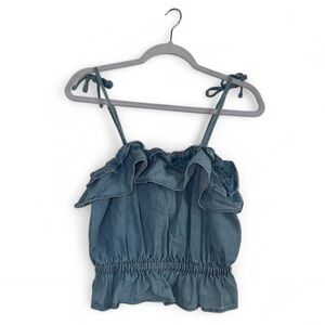 American Eagle Blue Ruffled Denim Crop Top Strappy Ties Blue Boho Western Small
